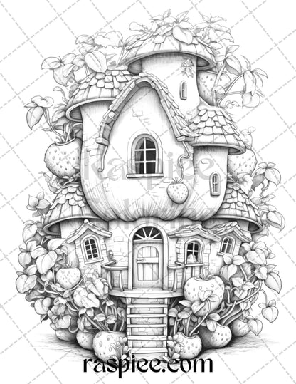 50 Strawberry Houses Grayscale Coloring Pages Printable for Adults Kids, PDF File Instant Download