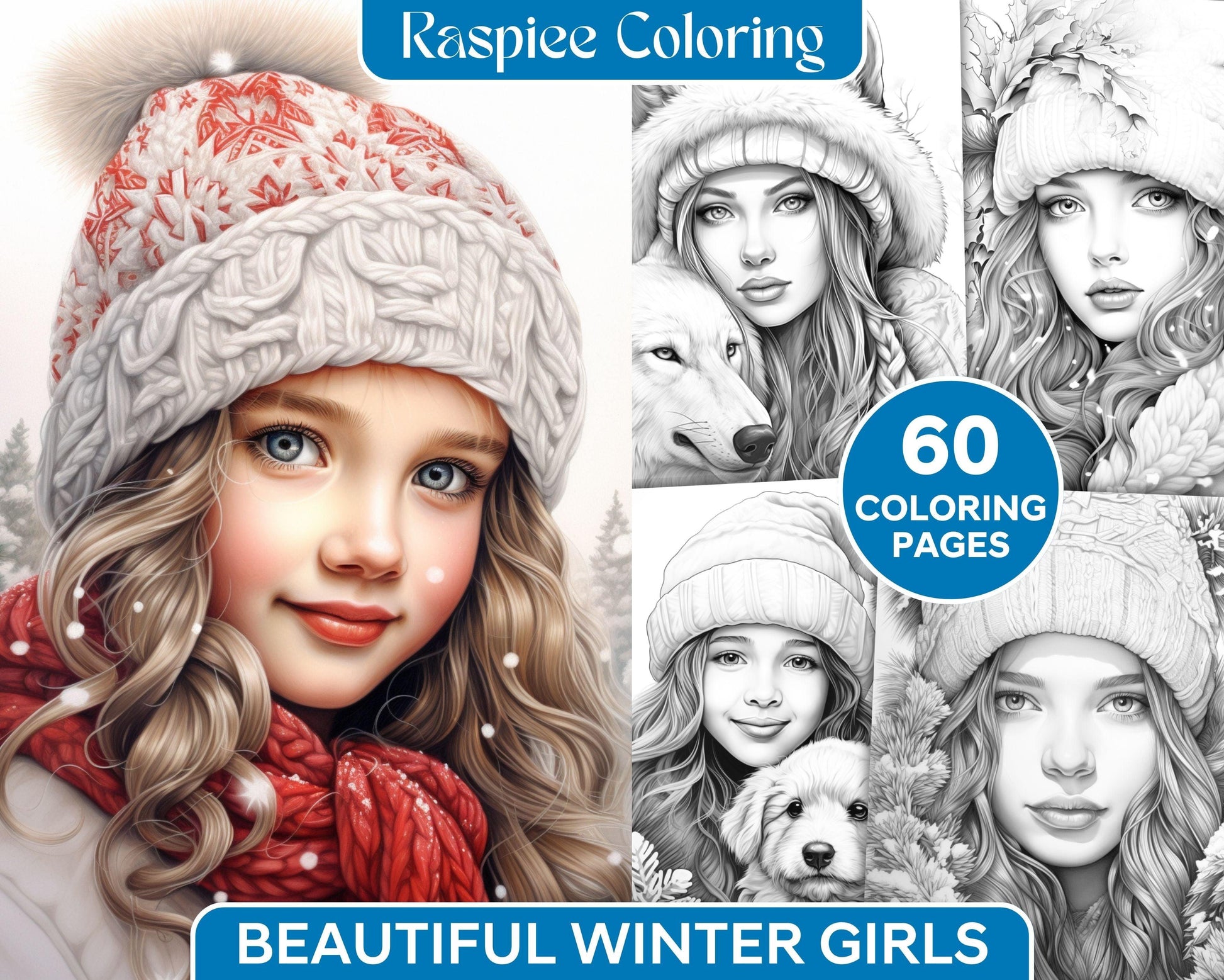 60 Beautiful Winter Girls Grayscale Coloring Pages Printable for Adults, PDF File Instant Download