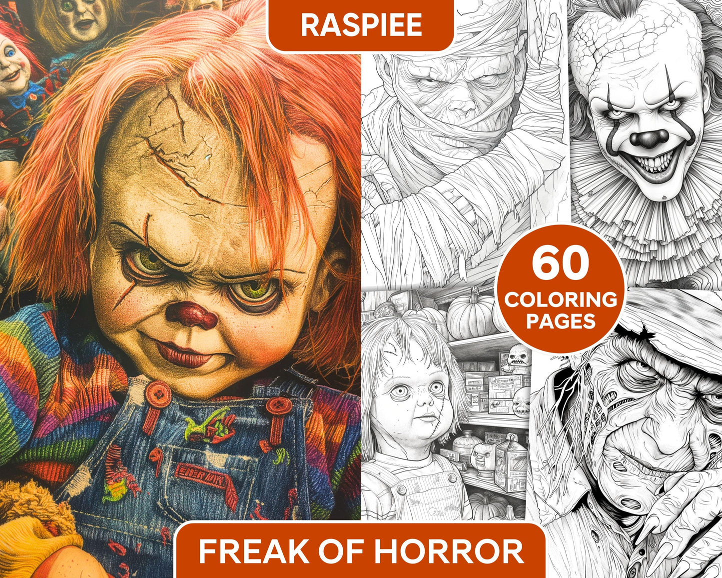 Freak Of Horror Halloween Adult Coloring Pages Printable PDF Instant Download