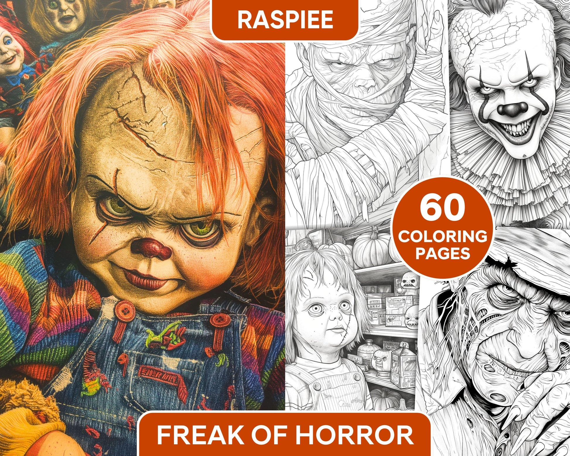 Freak Of Horror Halloween Adult Coloring Pages Printable PDF Instant Download