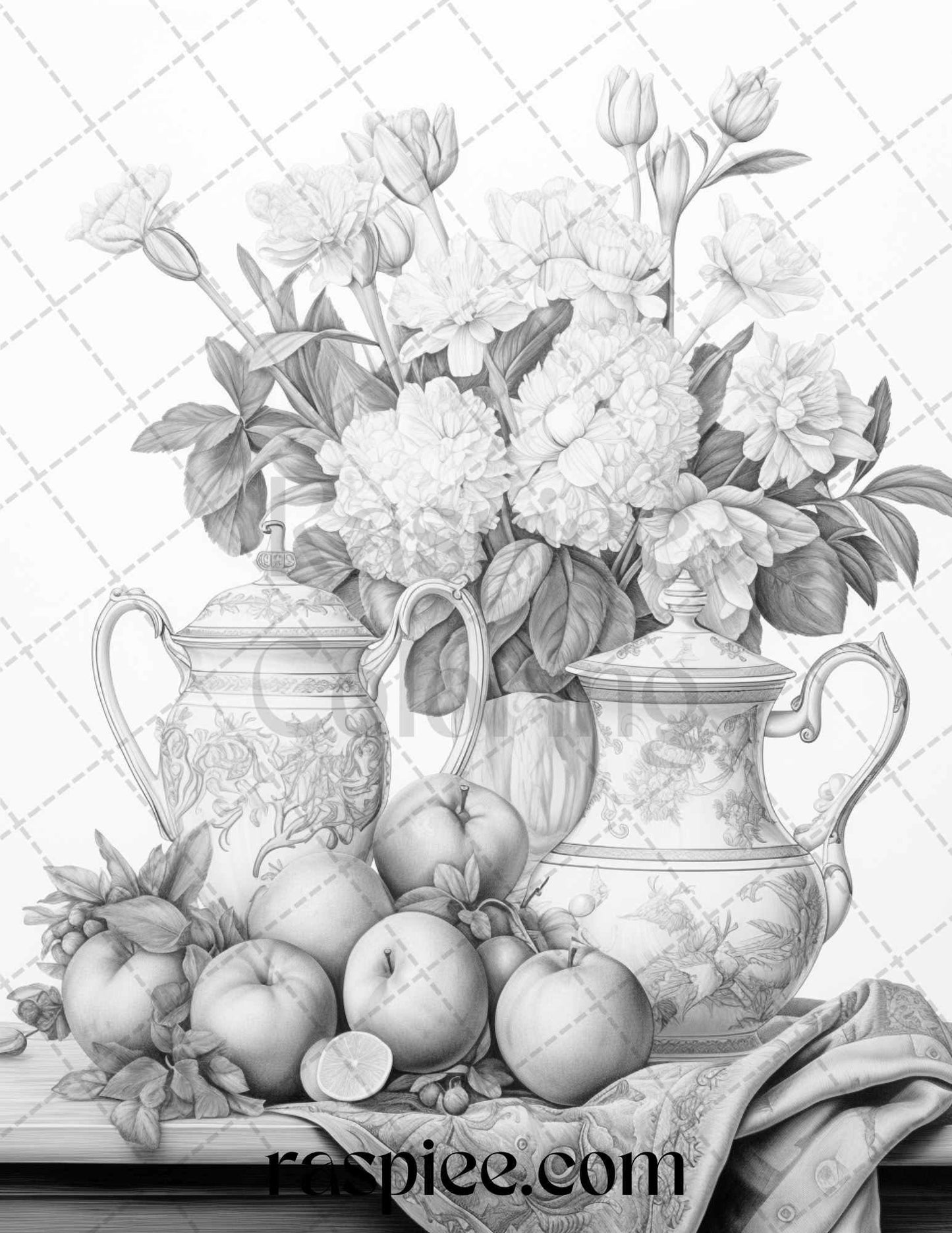 52 Still Life Grayscale Coloring Pages Printable for Adults, PDF File Instant Download