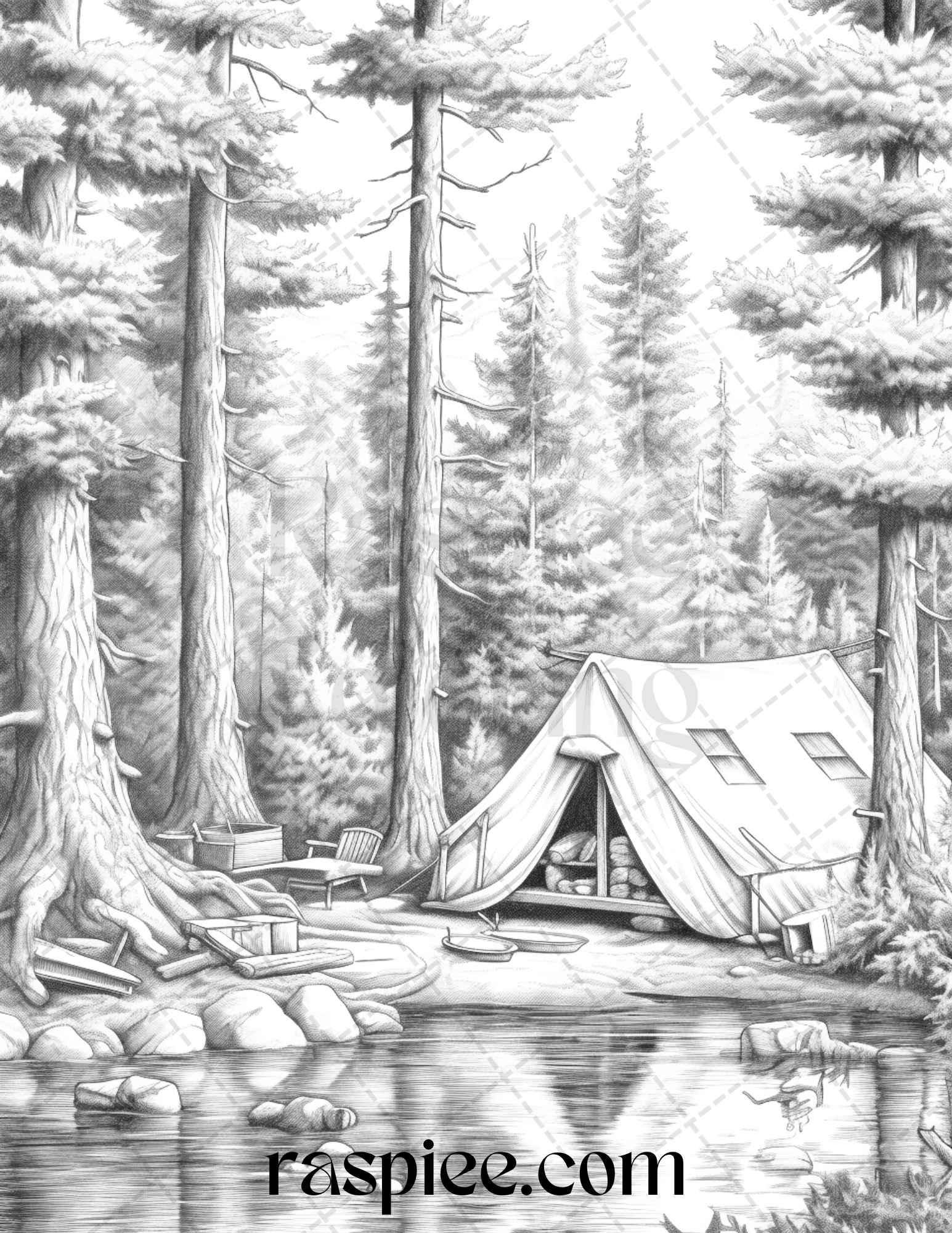 Nature Camping Grayscale Coloring Pages Printable, Relaxing Outdoor Scenes, PDF File Instant Download