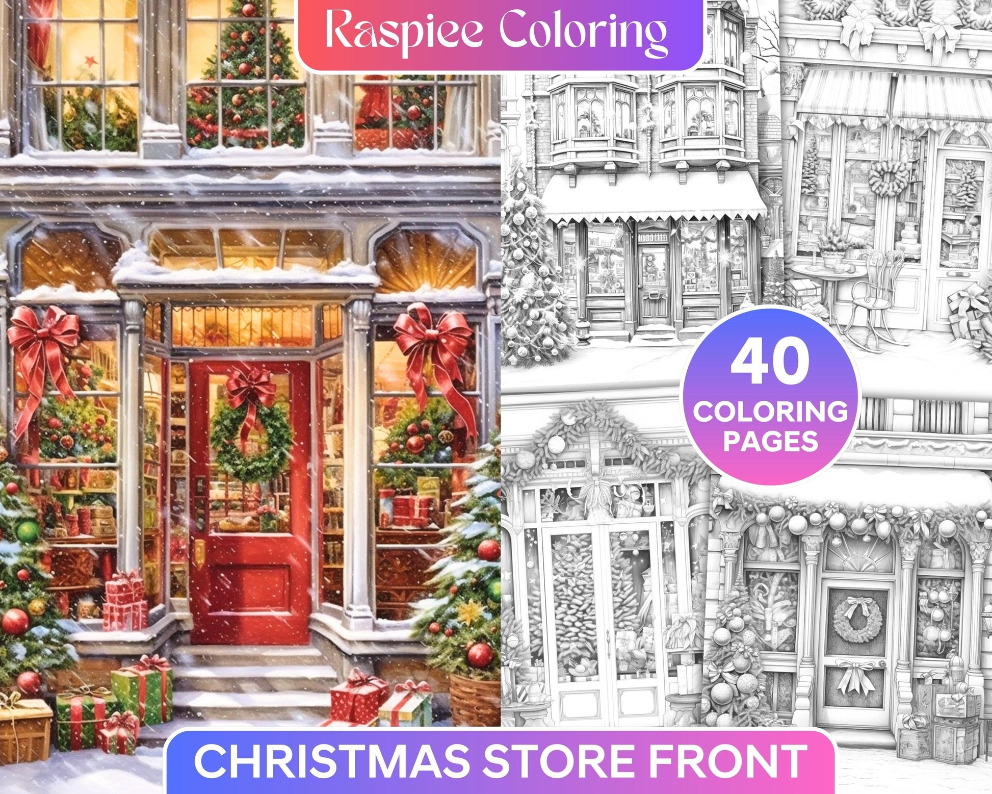 Christmas Store Front Grayscale Coloring Pages for Adults, PDF Printable Instant Download