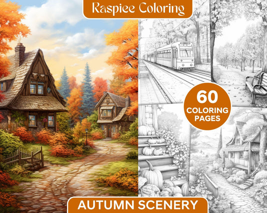 Autumn Scenery Grayscale Coloring Pages Printable for Adults, PDF File Instant Download