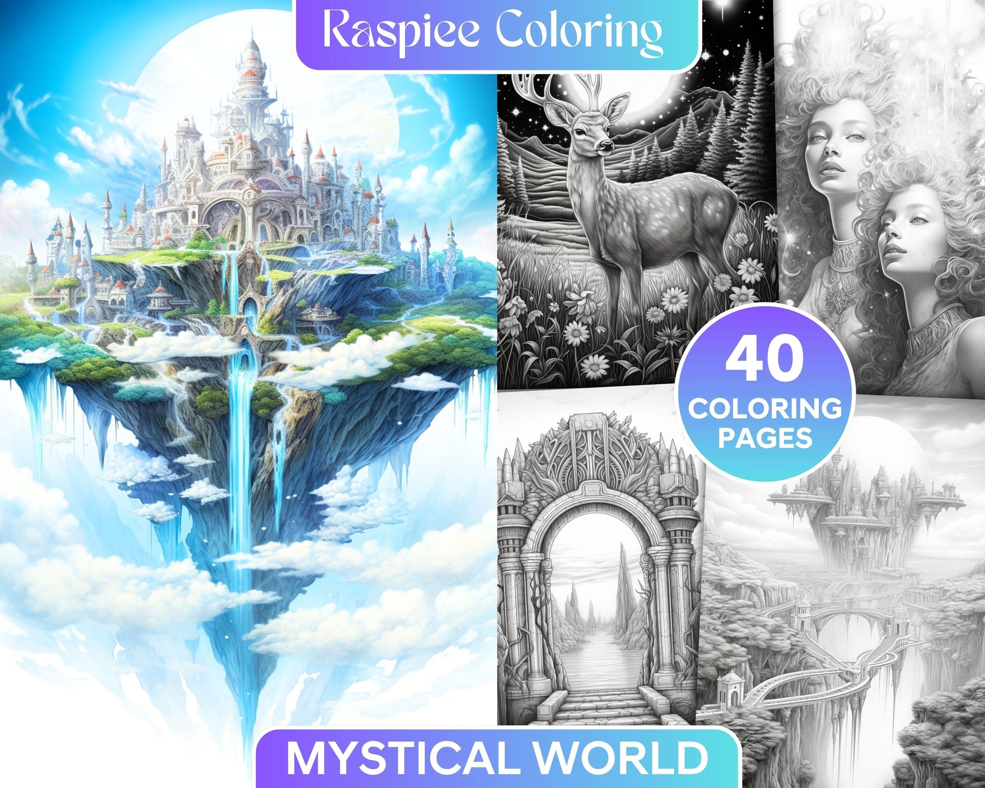 Mystical World Grayscale Coloring Pages Printable for Adults, Enchanting Fantasy Designs, PDF File Instant Download