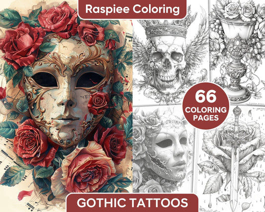 66 Intricate Gothic Tattoos Grayscale Adult Coloring Pages, Printable PDF Instant Download