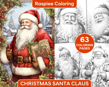 63 Christmas Santa Claus Grayscale Coloring Pages for Adults, Printable PDF Instant Download