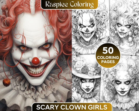 50 Scary Clown Girls Grayscale Coloring Pages Printable for Adults, PDF File Instant Download