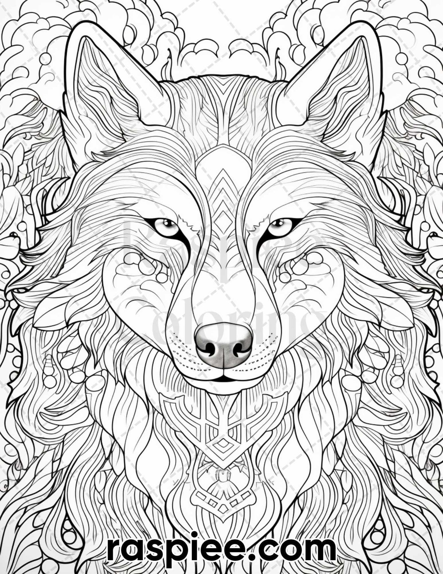 50 Winter Wolf Grayscale Coloring Pages for Adults, Printable PDF Instant Download
