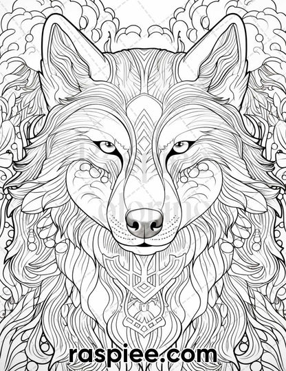 50 Winter Wolf Grayscale Coloring Pages for Adults, Printable PDF Instant Download