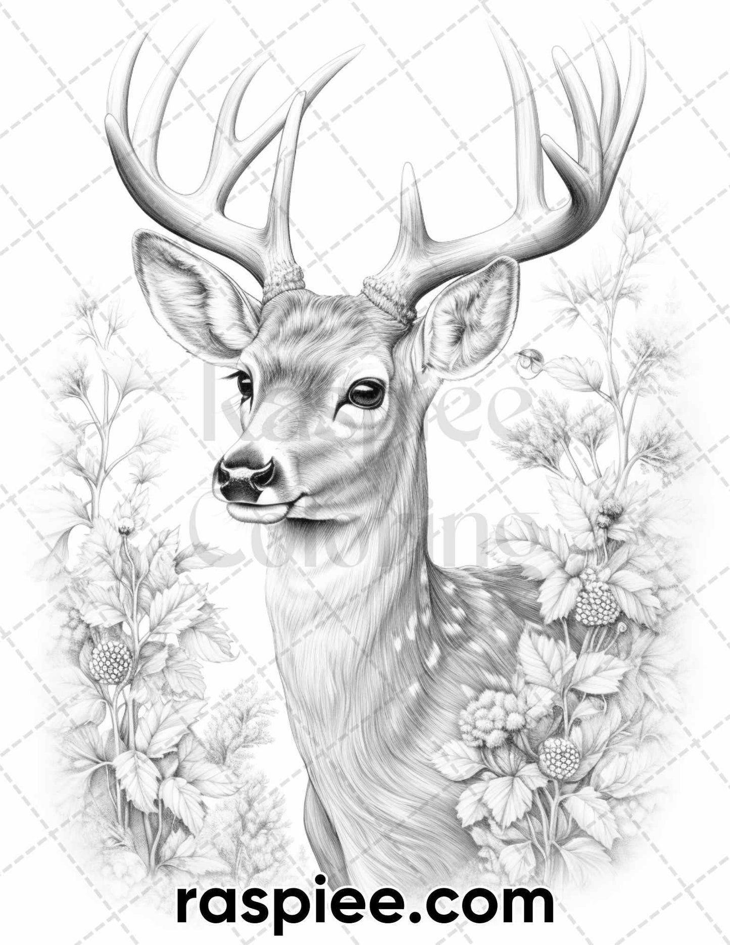 50 Christmas Deer Grayscale Coloring Pages for Adults, Printable PDF Instant Download