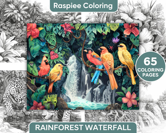 65 Rainforest Waterfall Grayscale Adult Coloring Pages, Printable PDF Instant Download