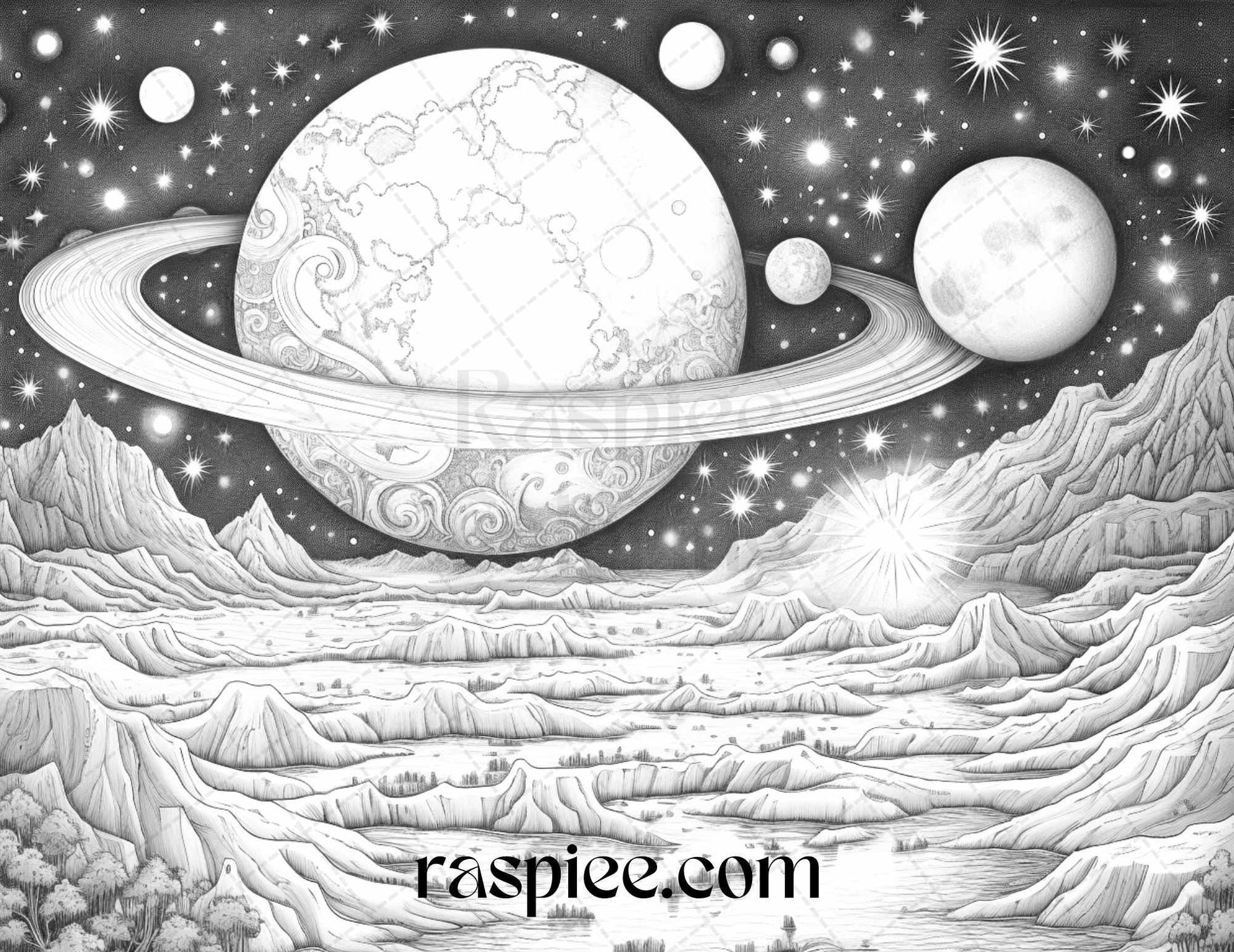 55 Celestial Landscapes Grayscale Coloring Pages Printable for Adults, PDF File Instant Download
