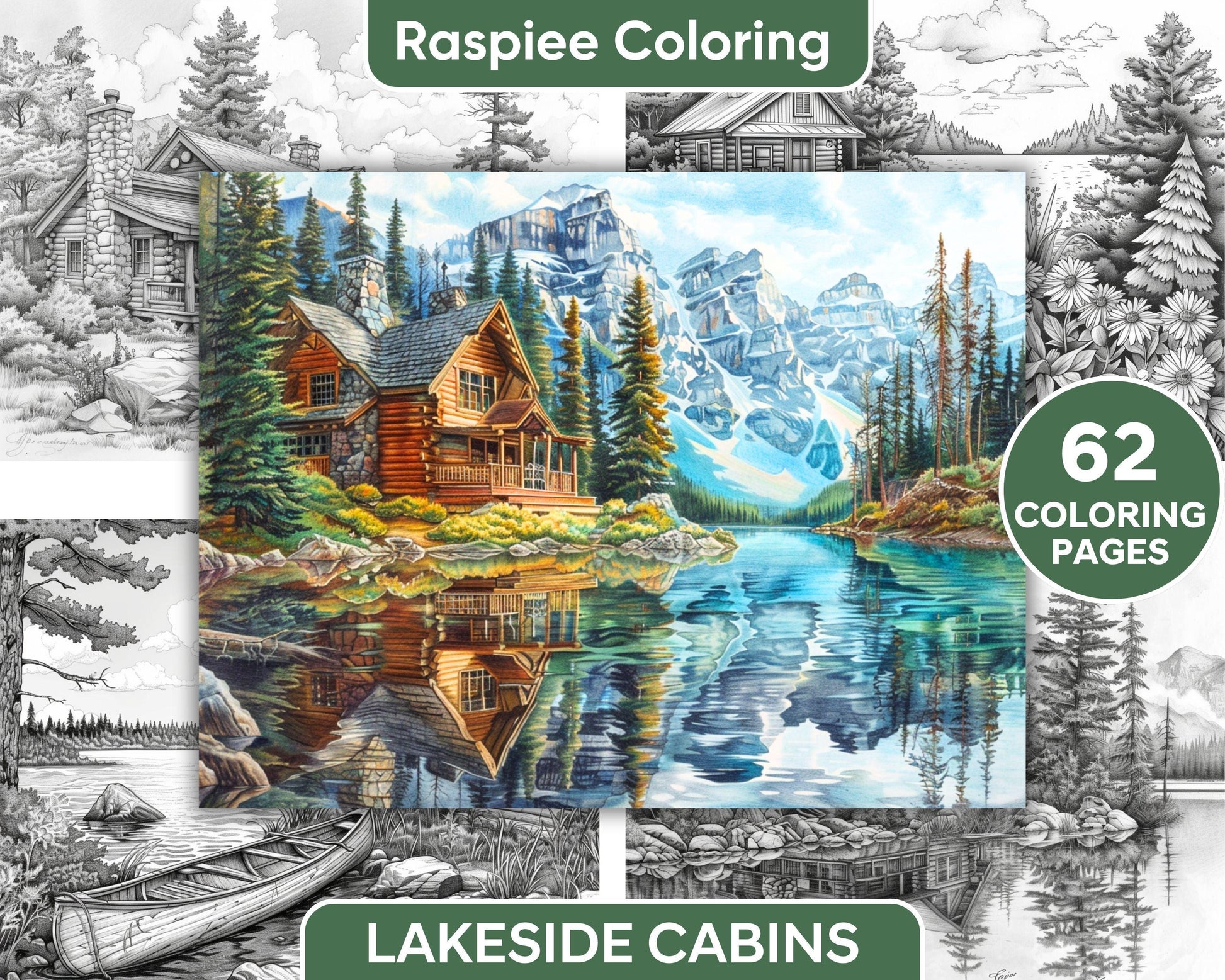 62 Serene Lakeside Cabins Grayscale Adult Coloring Pages, Printable PDF Instant Download