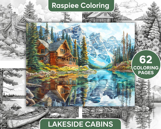 62 Serene Lakeside Cabins Grayscale Adult Coloring Pages, Printable PDF Instant Download