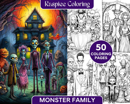 50 Monster Family Grayscale Coloring Pages Printable for Adults - Instant Download, Halloween Coloring Book, Fun and Spooky Designs