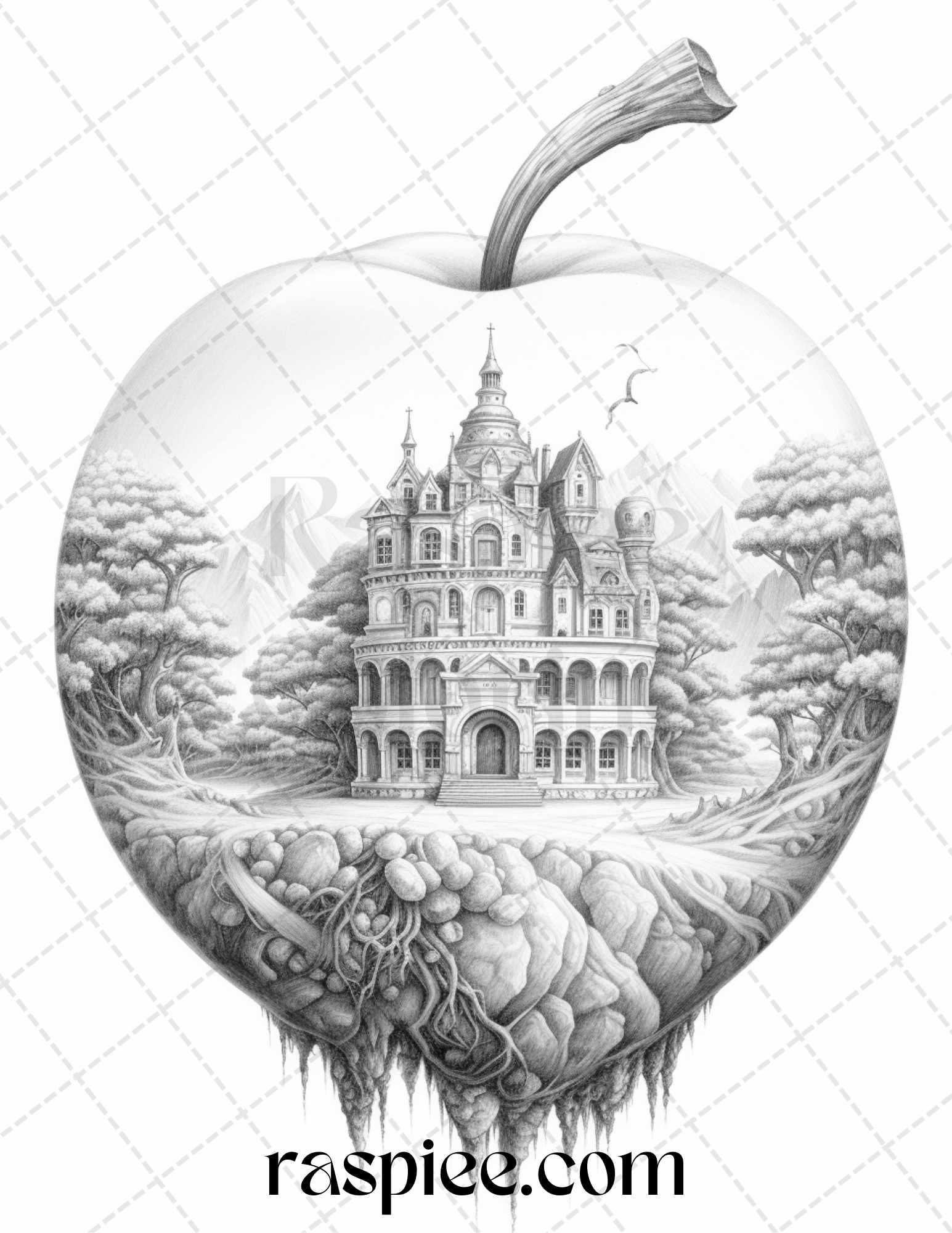 60 Miniworld in the Apple Grayscale Coloring Pages Printable for Adults, PDF File Instant Download