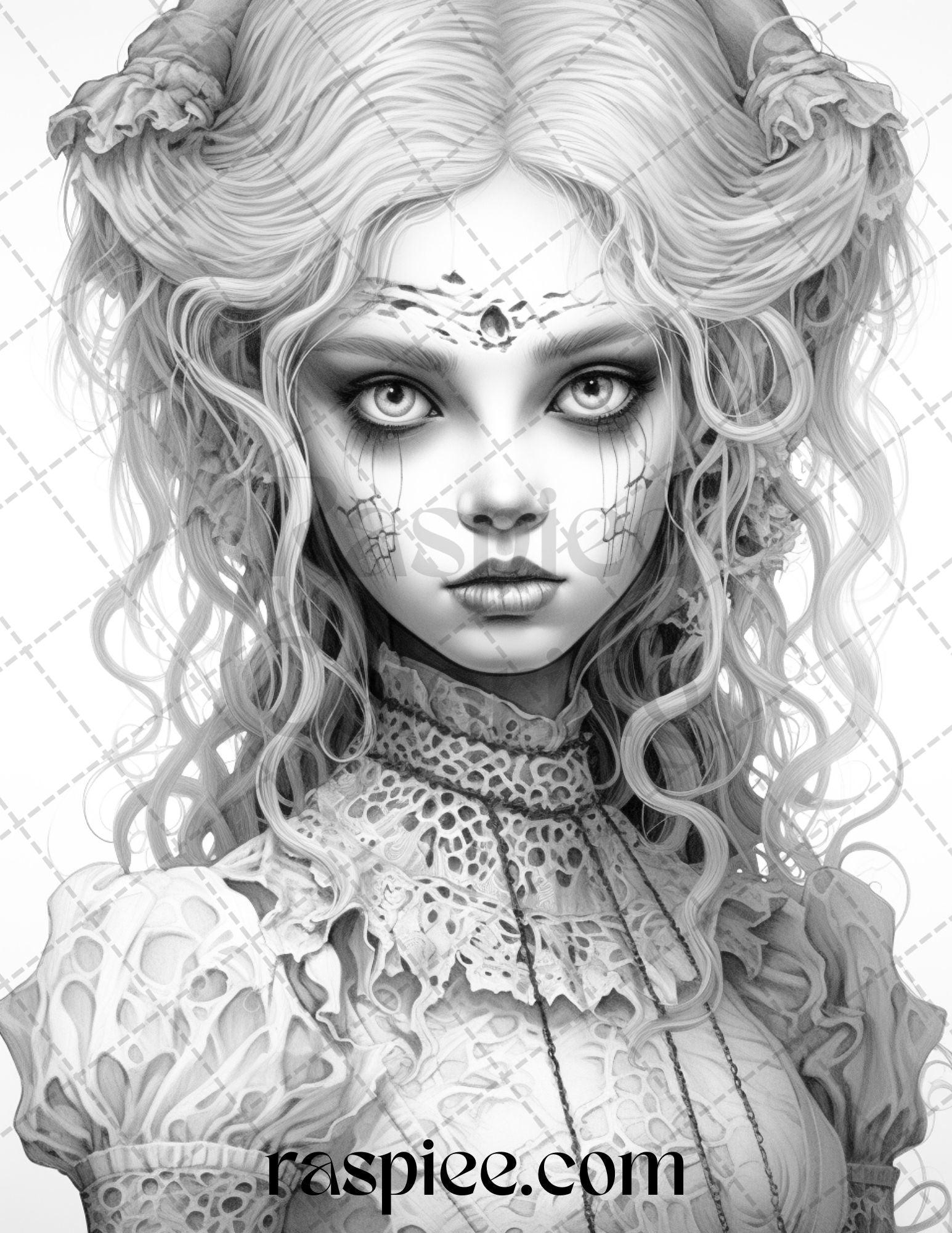 55 Halloween Girls Grayscale Coloring Pages Printable for Adults, PDF File Instant Download