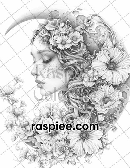 60 Boho Moon Floral Grayscale Adult Coloring Pages Printable PDF Instant Download