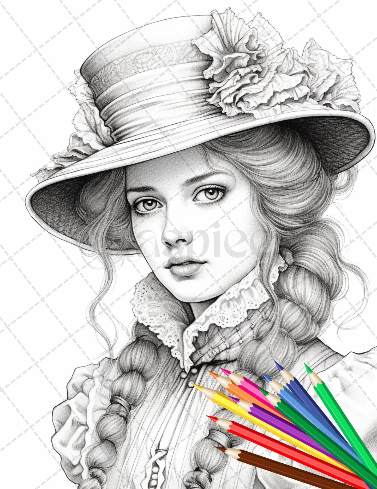36 Beautiful Victorian Girls Coloring Pages Printable for Adults, Grayscale Coloring Page, PDF File Instant Download