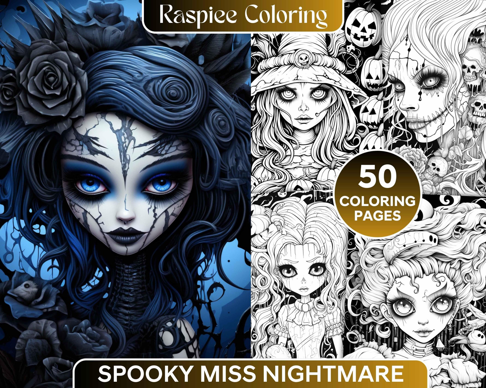 50 Spooky Miss Nightmare Grayscale Coloring Pages Printable for Adults, PDF File Instant Download