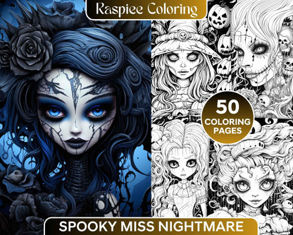 50 Spooky Miss Nightmare Grayscale Coloring Pages Printable for Adults, PDF File Instant Download