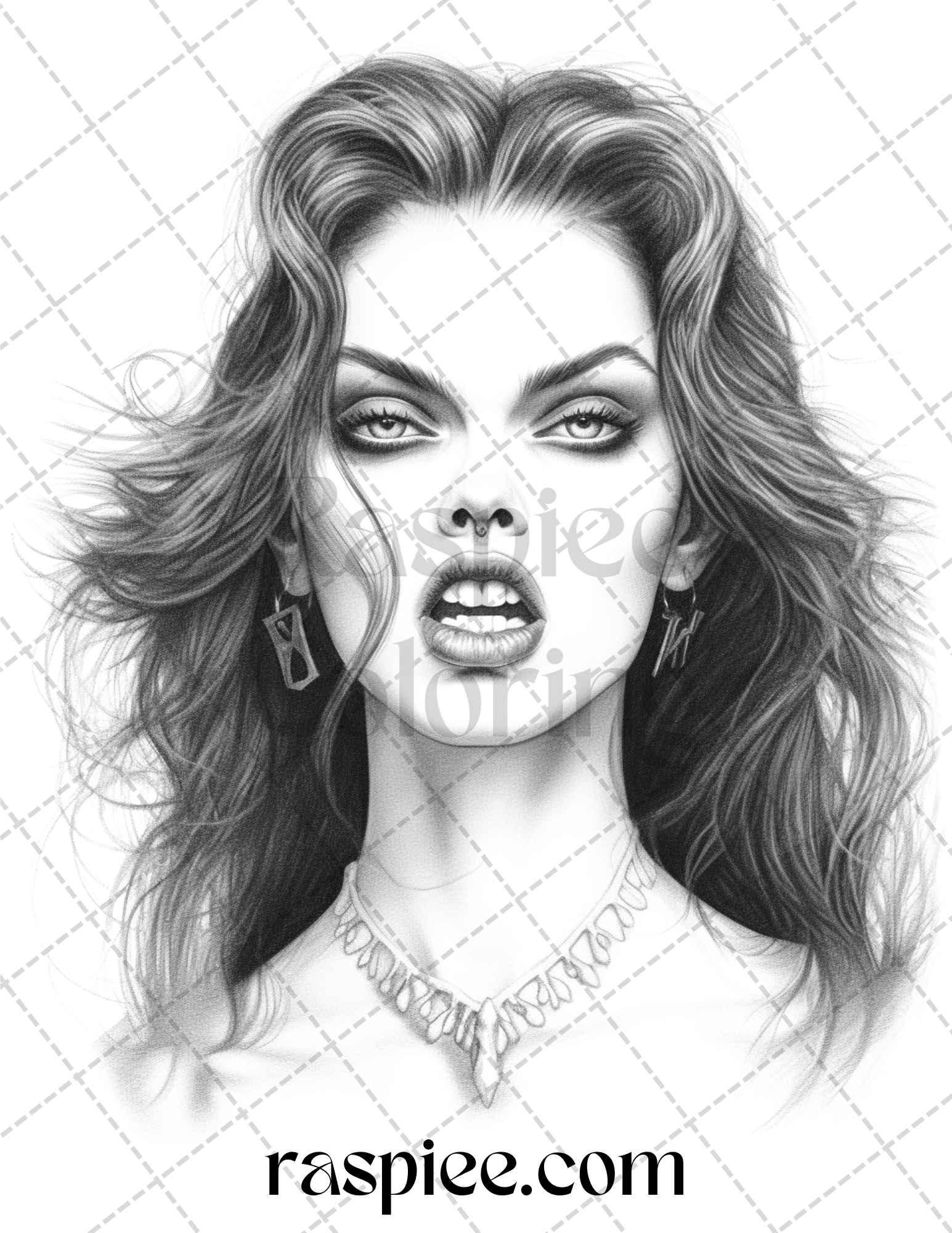 Bewitching Vampires Grayscale Coloring Pages Printable for Adults, PDF File Instant Download