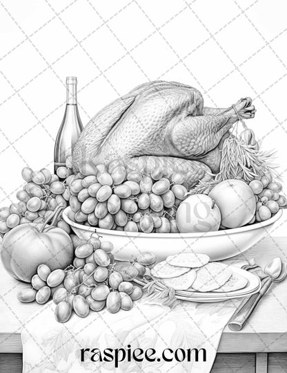 Thanksgiving Dinner Grayscale Coloring Pages for Adults, Relaxing Fall Coloring Sheets, Printable PDF File Instant Download