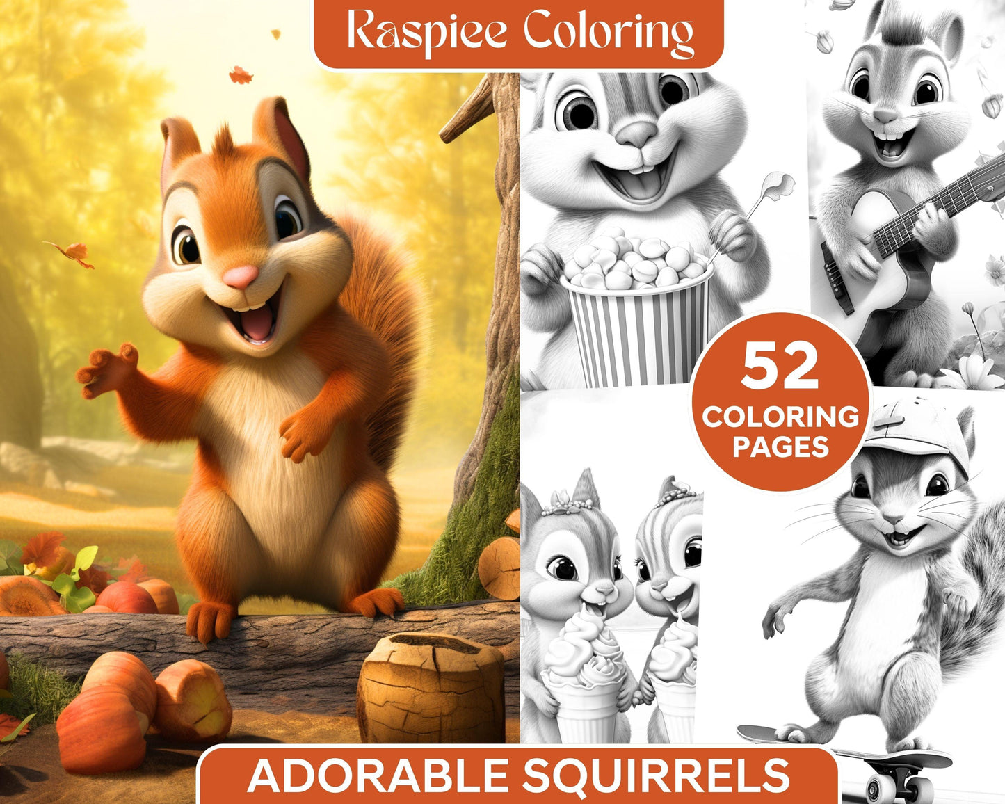 52 Adorable Squirrels Grayscale Coloring Pages Printable for Adults Kids, PDF File Instant Download