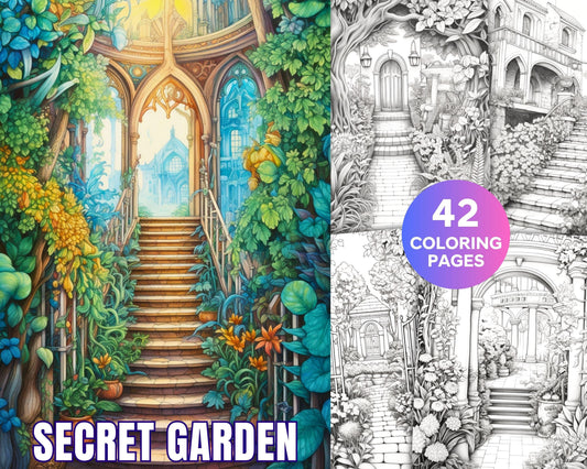 Secret Garden Coloring Pages Printable for Adults, Grayscale Coloring Page, PDF File Instant Download