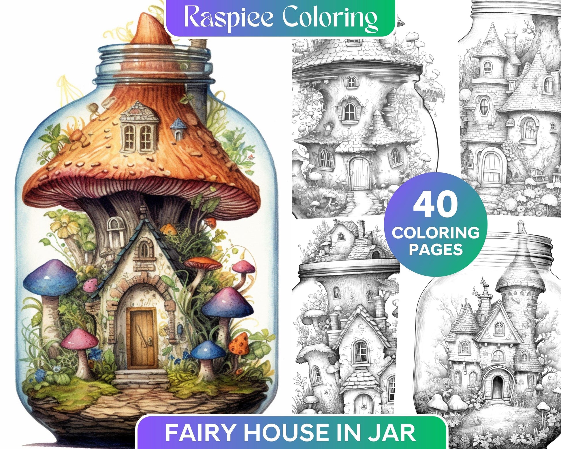 Fairy House in Jar Grayscale Coloring Pages Printable for Adults, PDF File Instant Download