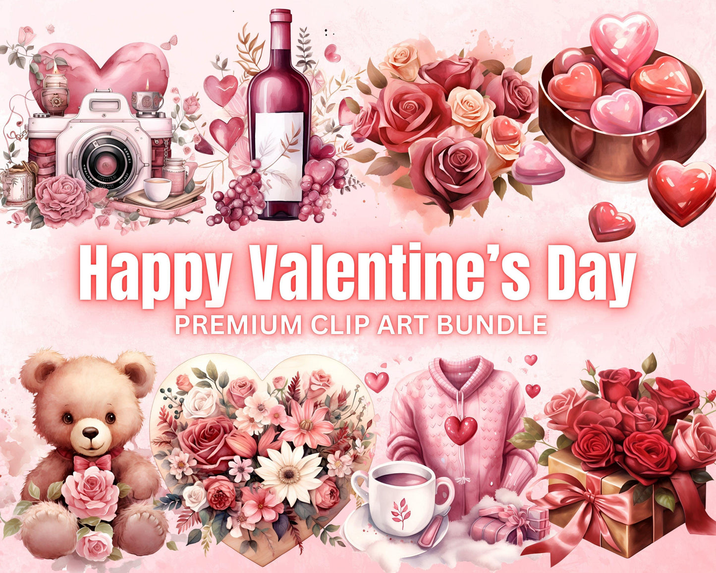 Happy Valentine's Day Clipart Bundle, 80 PNG High-Res Files for Commercial Use