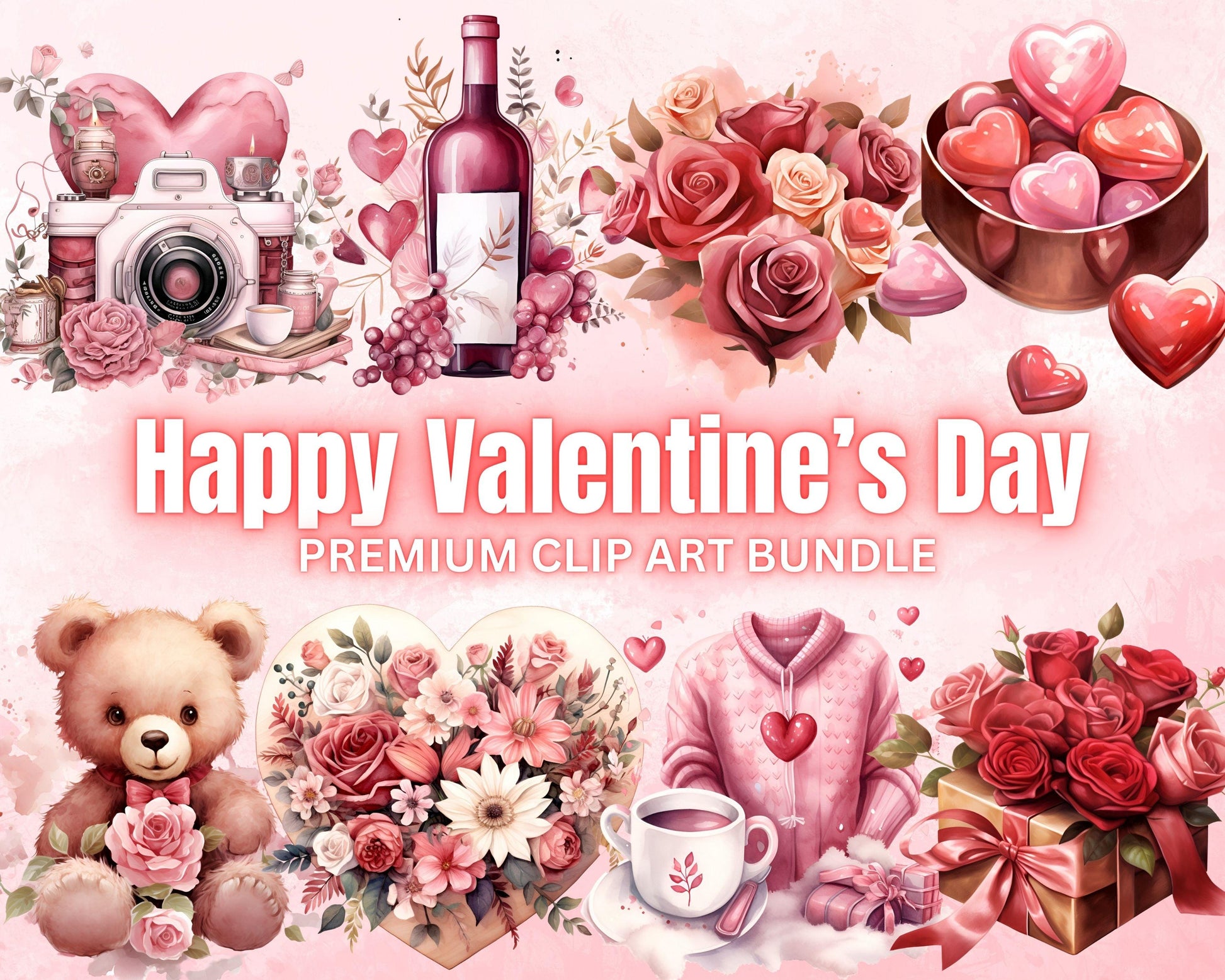 Happy Valentine's Day Clipart Bundle, 80 PNG High-Res Files for Commercial Use