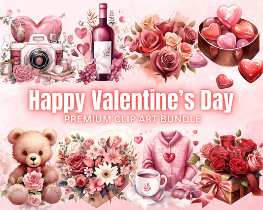 Happy Valentine's Day Clipart Bundle, 80 PNG High-Res Files for Commercial Use
