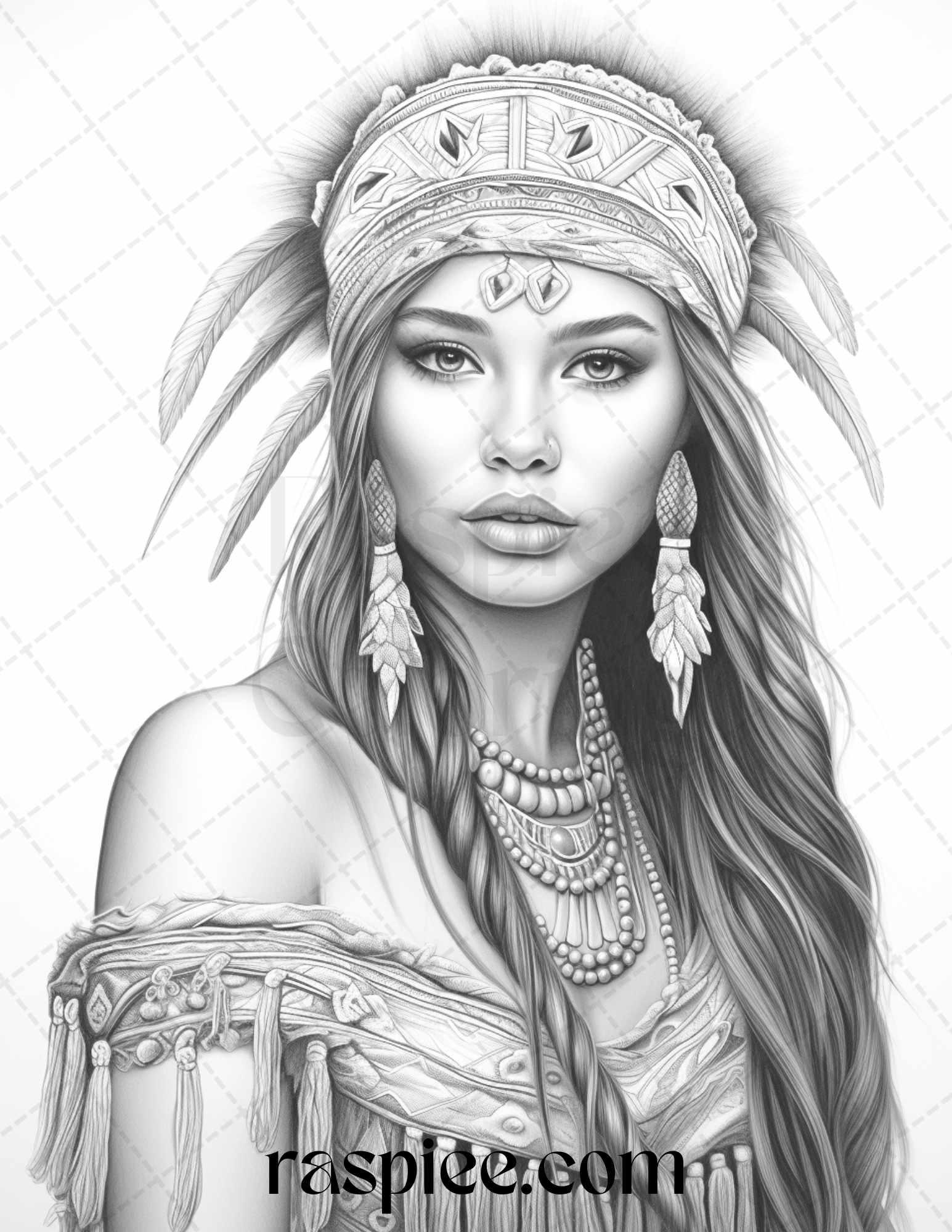 Native American Portrait Grayscale Coloring Pages Printable for Adults, PDF File Instant Download