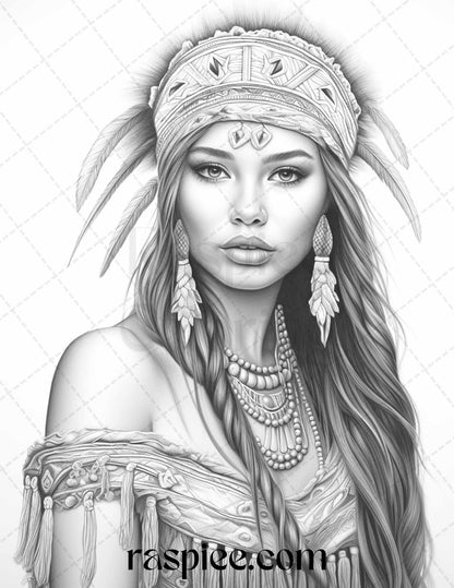 Native American Portrait Grayscale Coloring Pages Printable for Adults, PDF File Instant Download