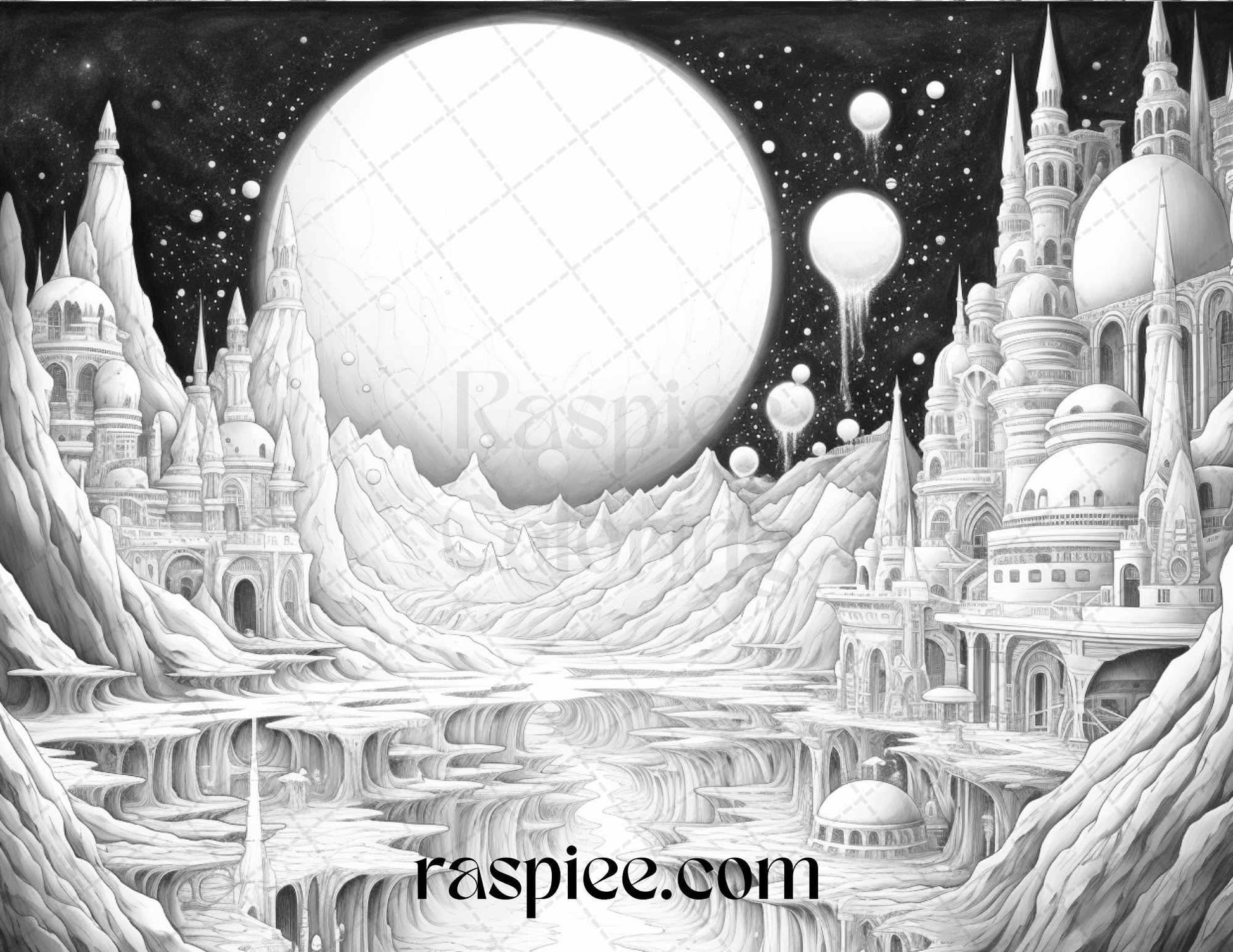 55 Celestial Landscapes Grayscale Coloring Pages Printable for Adults, PDF File Instant Download