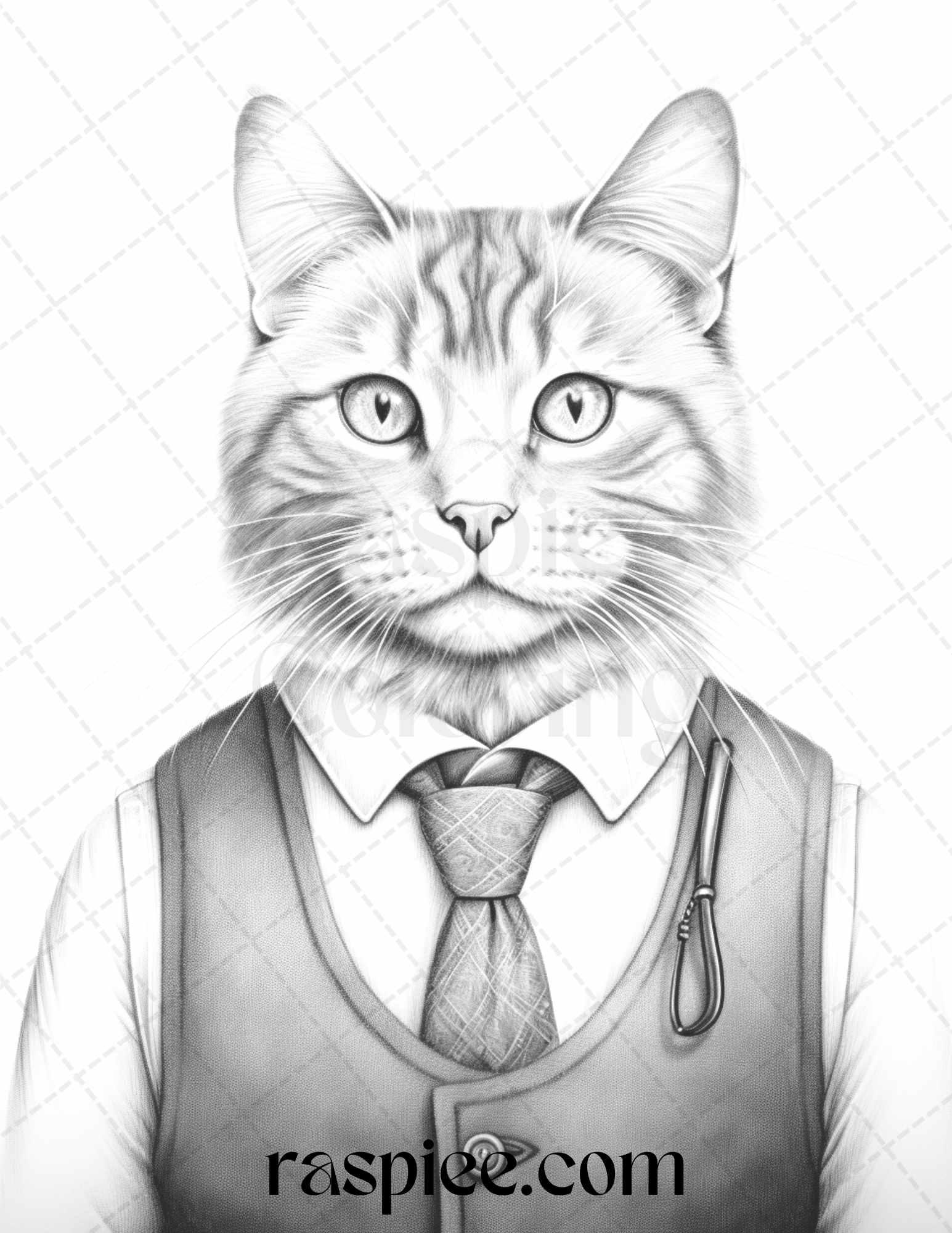 Gentleman Cat Grayscale Coloring Pages Printable for Adults Kids, PDF File Instant Download