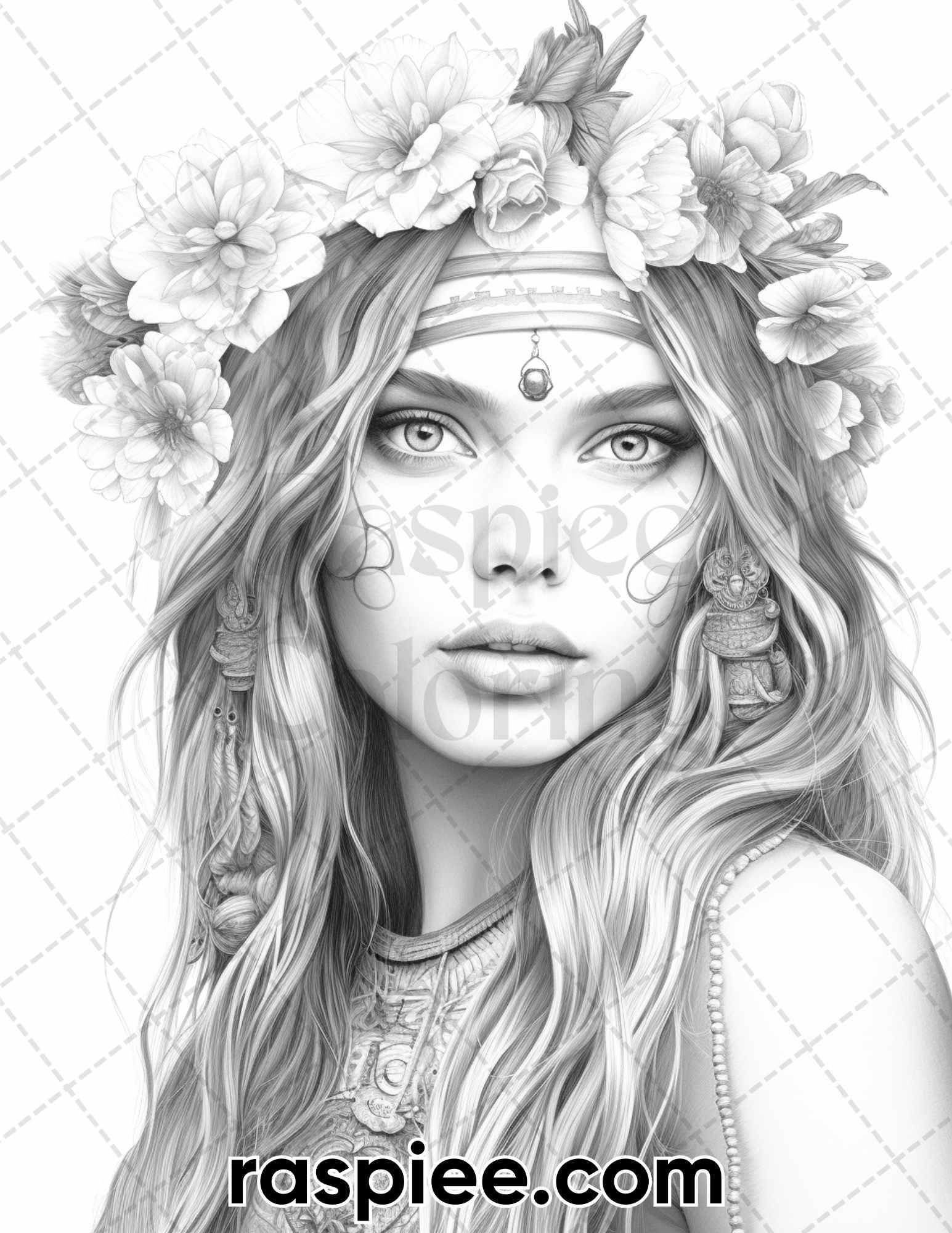 60 Bohemian Beauties Grayscale Coloring Pages for Adults, Printable PDF Instant Download