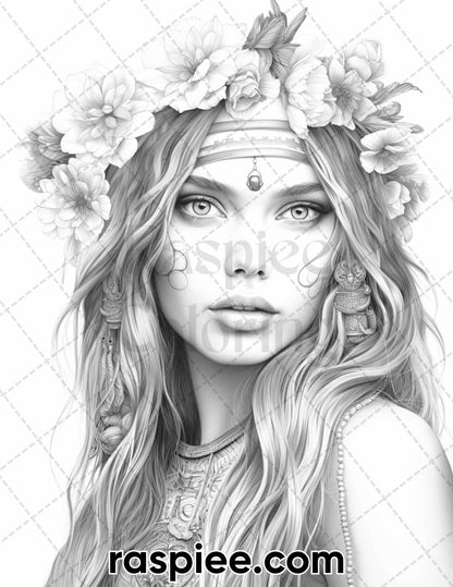 60 Bohemian Beauties Grayscale Coloring Pages for Adults, Printable PDF Instant Download