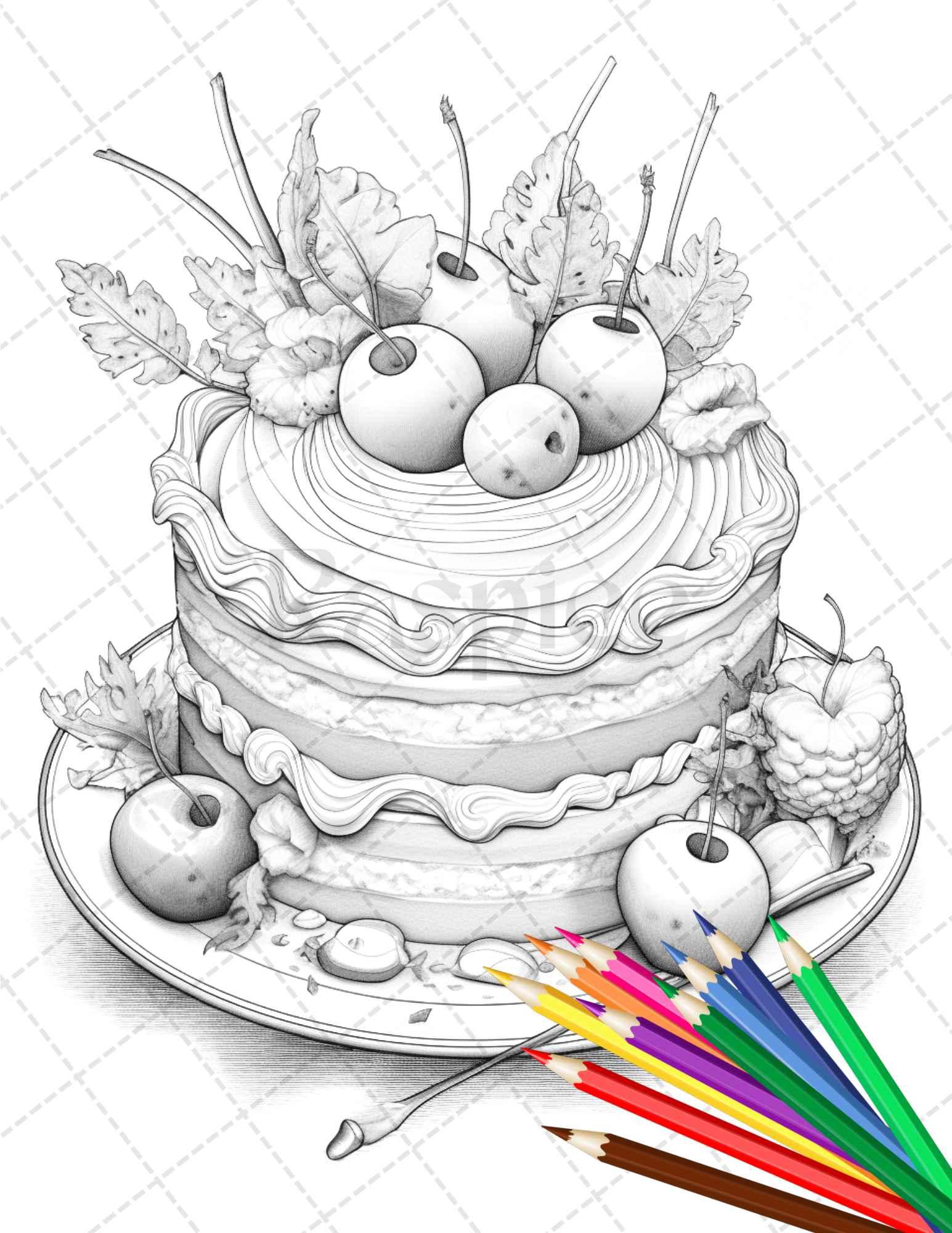 36 Sweet Desserts Coloring Pages Printable for Adults, Grayscale Coloring Page, PDF File Instant Download
