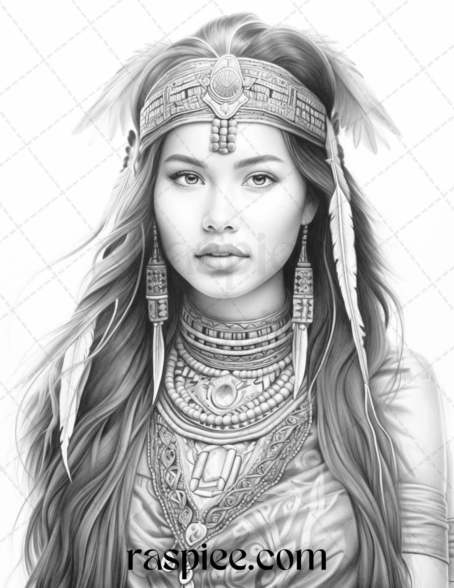 Native American Portrait Grayscale Coloring Pages Printable for Adults, PDF File Instant Download
