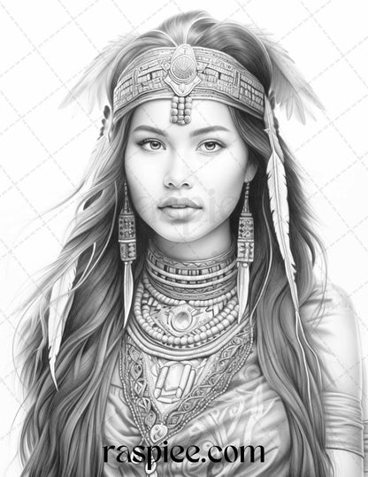 Native American Portrait Grayscale Coloring Pages Printable for Adults, PDF File Instant Download
