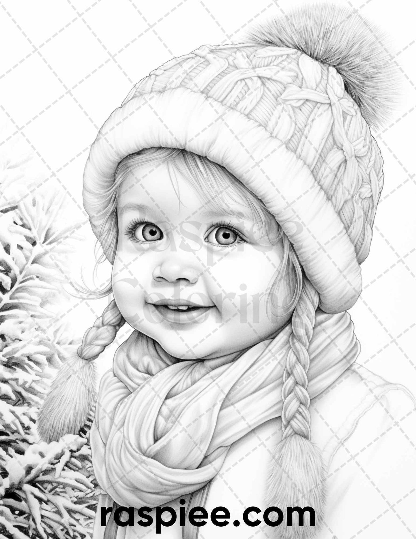 50 Baby Winter Portrait Grayscale Coloring Pages Printable for Adults, PDF File Instant Download