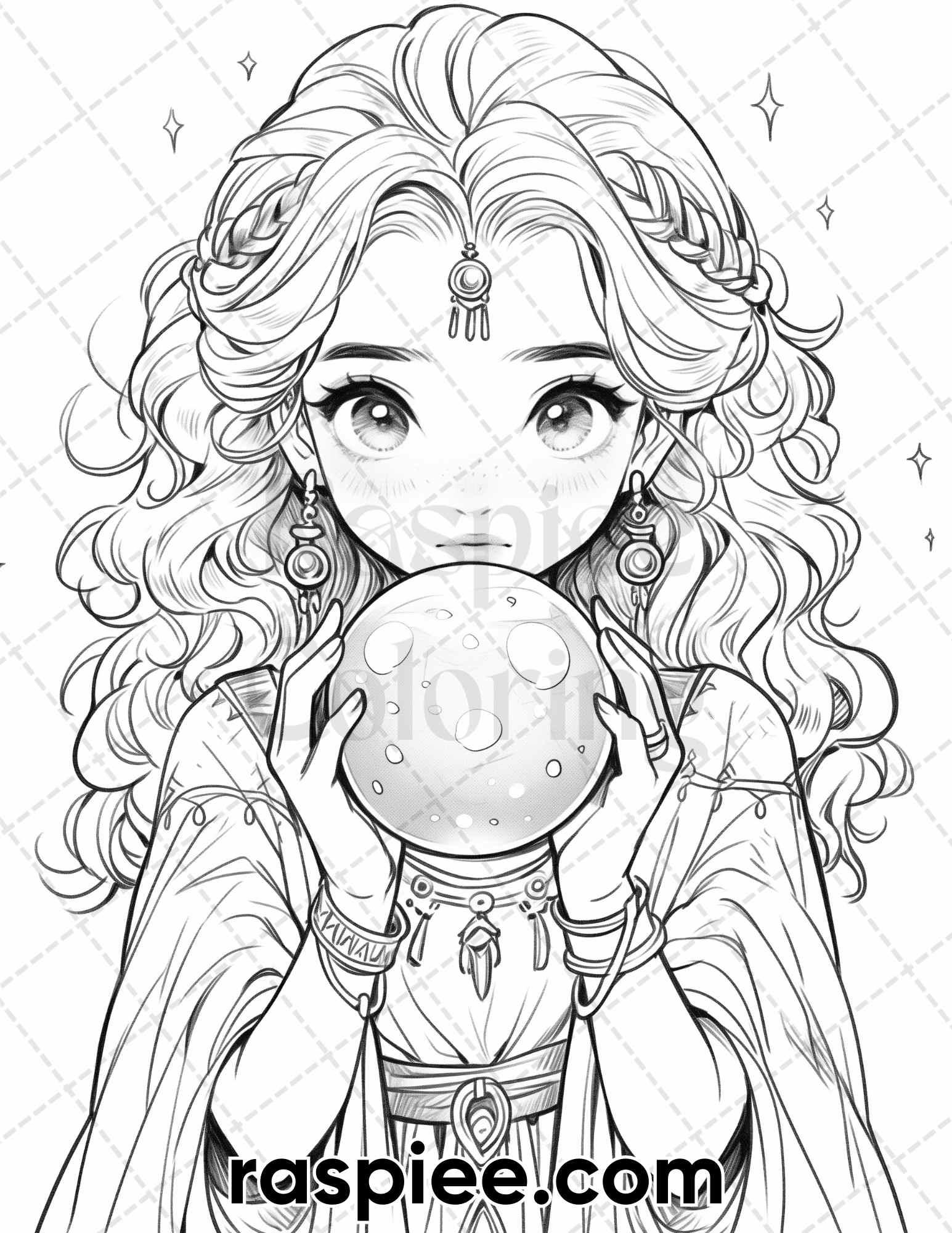 52 Cute Druid Girl Grayscale Coloring Pages for Adults, Printable PDF Instant Download