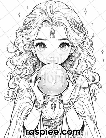 52 Cute Druid Girl Grayscale Coloring Pages for Adults, Printable PDF Instant Download