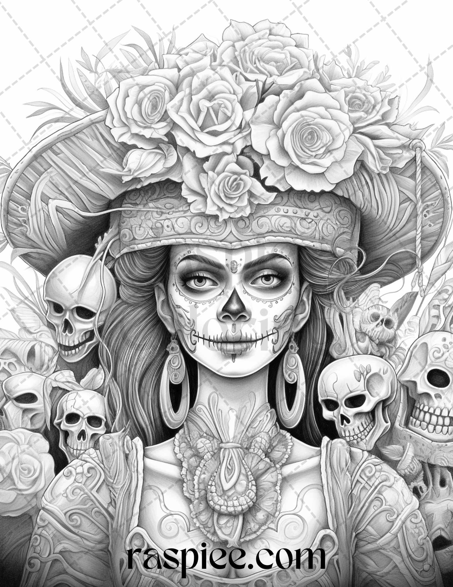 50 Day of the Dead Grayscale Coloring Pages Printable for Adults, PDF File Instant Download