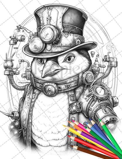 60 Steampunk Animals Grayscale Coloring Pages Printable for Adults, PDF File Instant Download