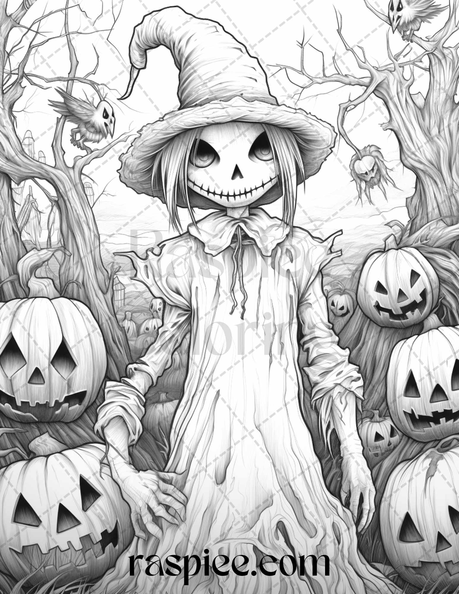 50 Halloween Scarecrows Grayscale Coloring Pages Printable for Adults, PDF File Instant Download