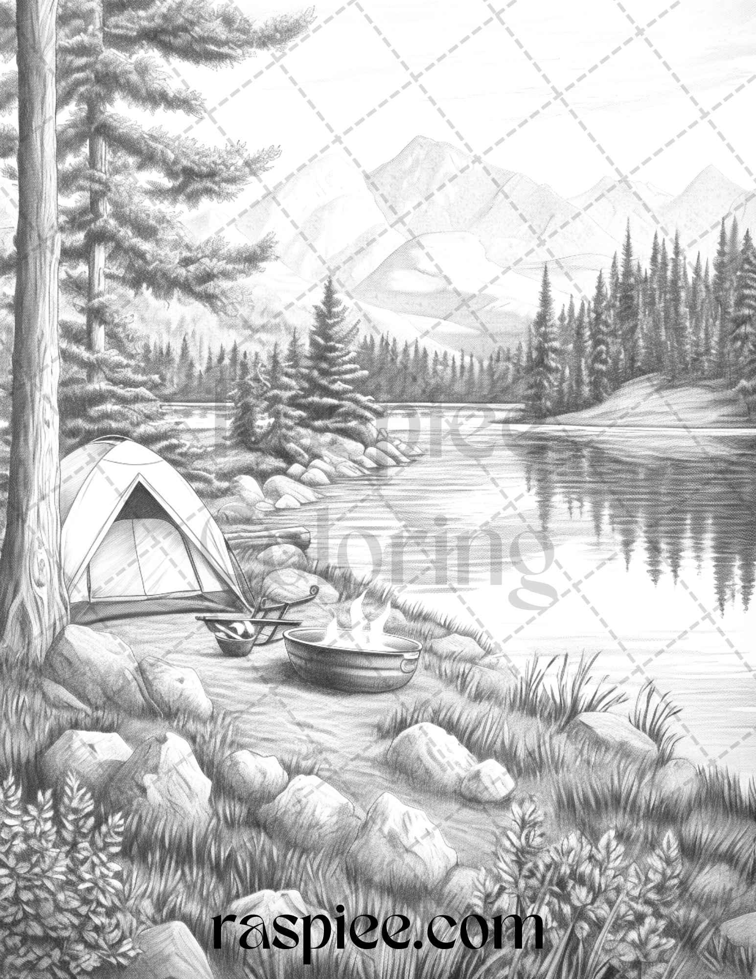 Nature Camping Grayscale Coloring Pages Printable, Relaxing Outdoor Scenes, PDF File Instant Download